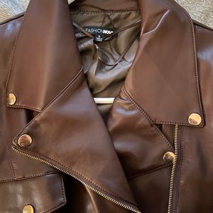 Brown leather jacket with gold buttons/zipper/belt
